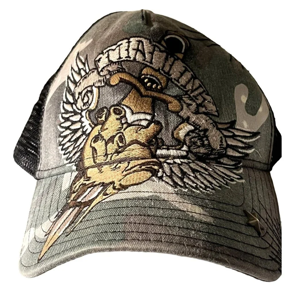 Miami Ink Embroidered Camo Y2K Wings Knife Heart Snap Back Baseball Cap Vintage - Picture 11 of 14